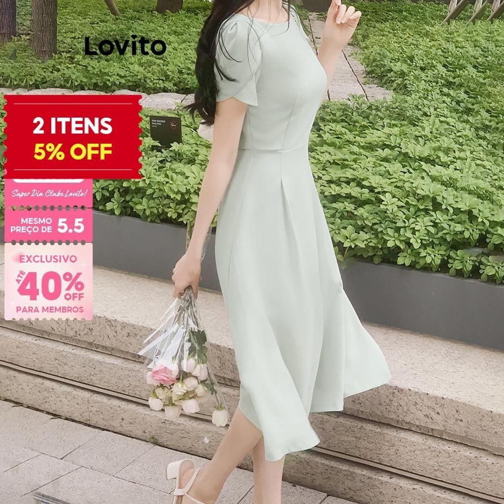 🔥 (Trendy) Lovito Vestido Elegante Vestido Básico Liso Para Mulheres L95ED533
