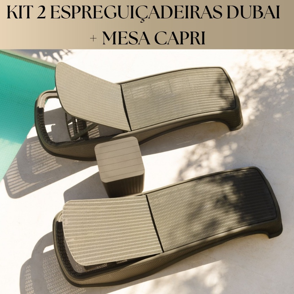 🔥 Conjunto 2 Espreguiçadeiras Dubai + Mesa Capri Vira Baú Rattan Praia e Piscina Suporta 200kg