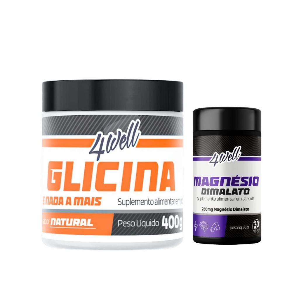 🔥 Kit Glicina 400g Pote + Magnésio Dimalato 60 Cápsulas – 4well