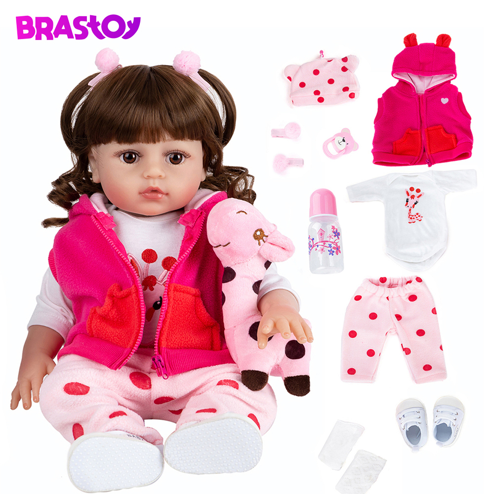 🔥 Brastoy Boneca Bebê Reborn Menina Silicone Olhos Castanhos 48cm Pode Dar Banho Com Girafinha e Panda
