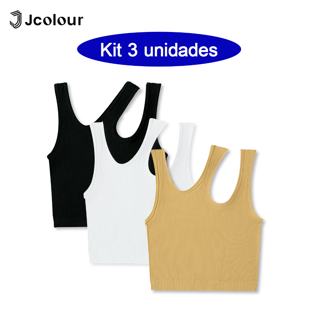 🔥 Jcolour Kit 3 Cropped Top Blusinha Duas Alças Canelado Tecido Ribana Premium Cropped Feminino Regata