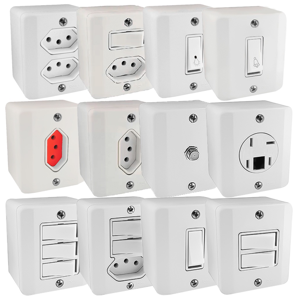 🔥 Tomadas E Interruptores RADIAL Sobrepor LINHA R Branca Bivolt Plástico Anti-chamas Profissional