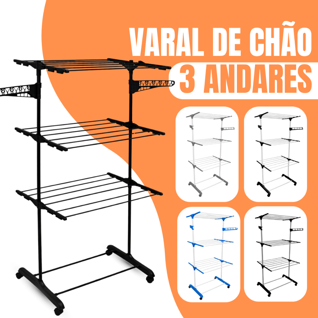 🔥 Varal De Chão De Roupas 3 Andares Dobrável Grande 4 Rodas