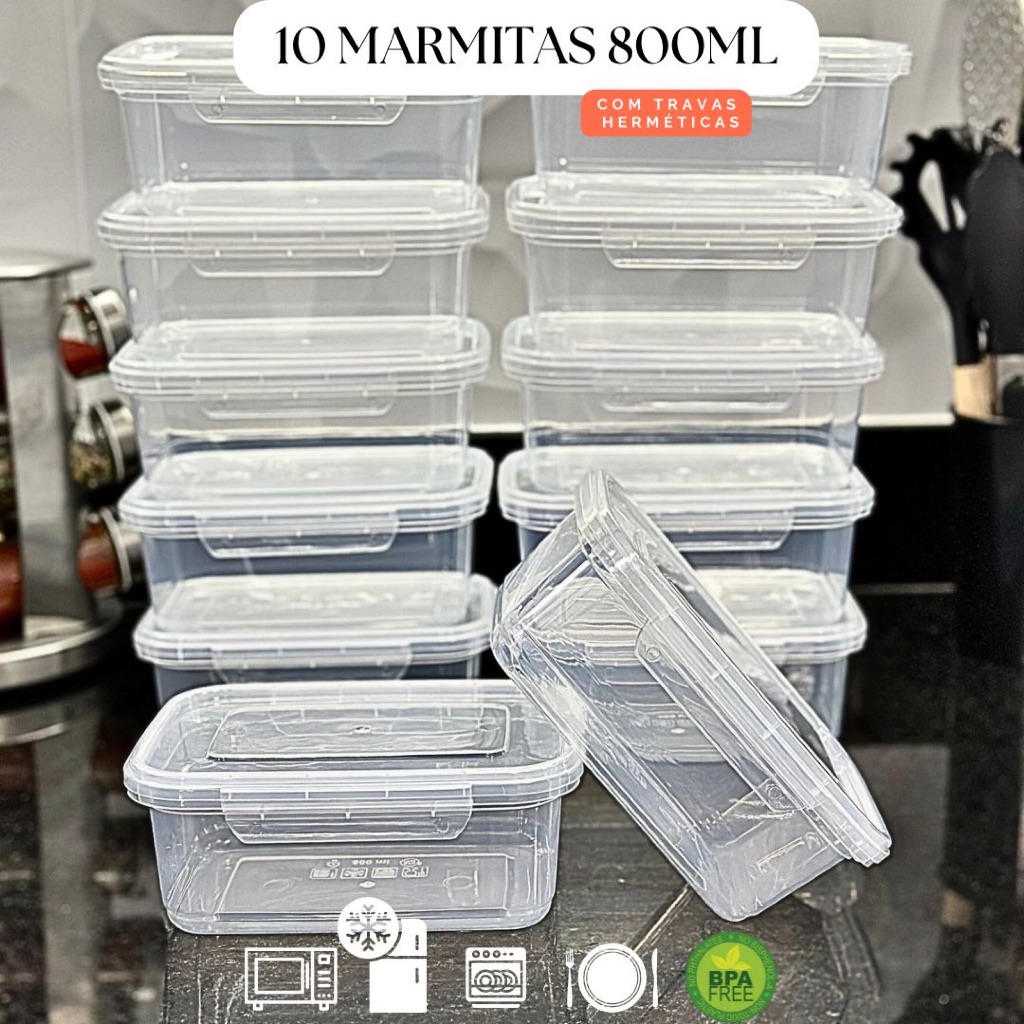 🔥 Kit 10 Marmita fitness Potes 800ml Travas Laterais –> BPA FREE organizadores de alimentos vasilhas.