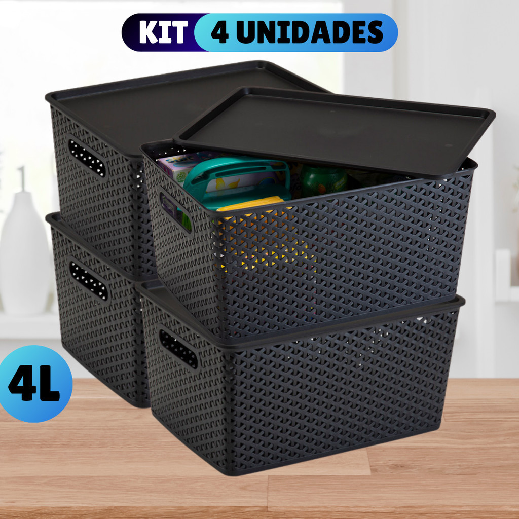 🔥 Kit Com 4 Cesto Caixa Organizadora Rattan Com Tampa  4 Litros Preto