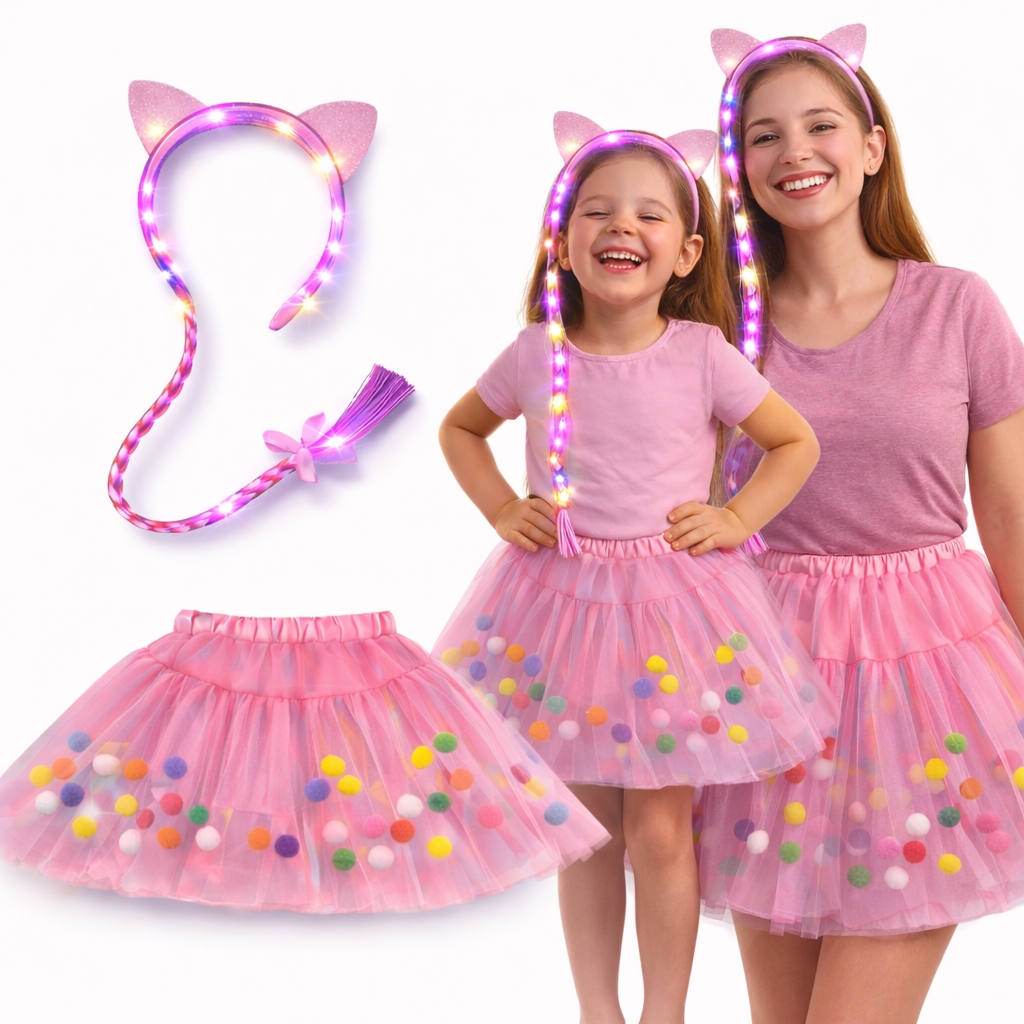 🔥Fantasia Princesa Rapunzel Infantil e Adulto Tiara com Luz Colorida Saia Rosa com Bolinhas Carnaval