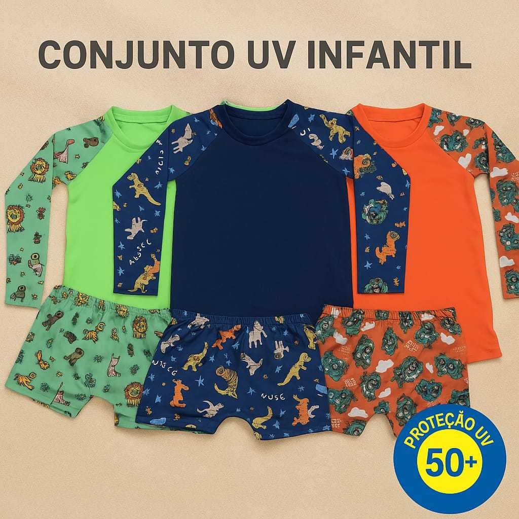 🔥 Conjunto Infantil Menino Camisa UV Manga Longa + Sunga Boxer para Praia/Piscina