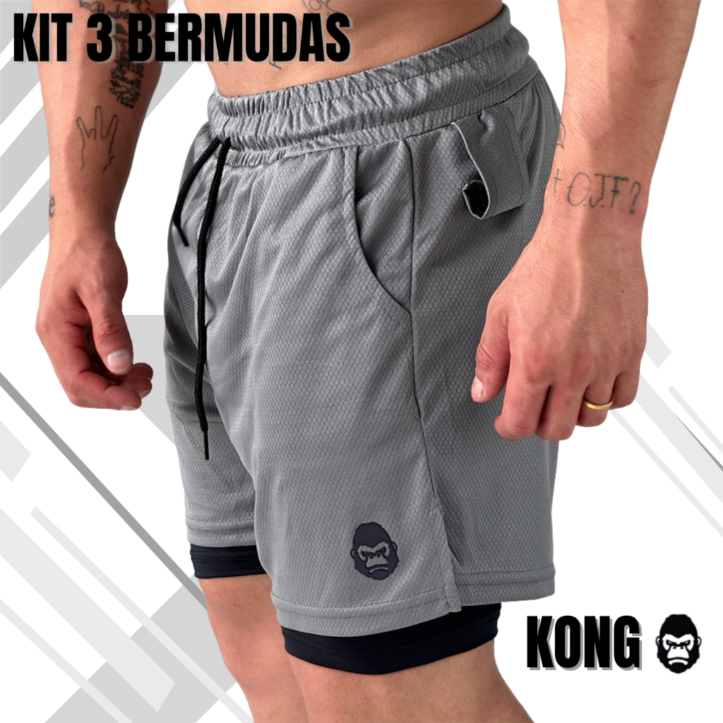 🔥 Kit 3  Bermudas Masculinas 2 em 1 KONG Premium Com Forro de Compressão e Suporte para Toalha.🛍️