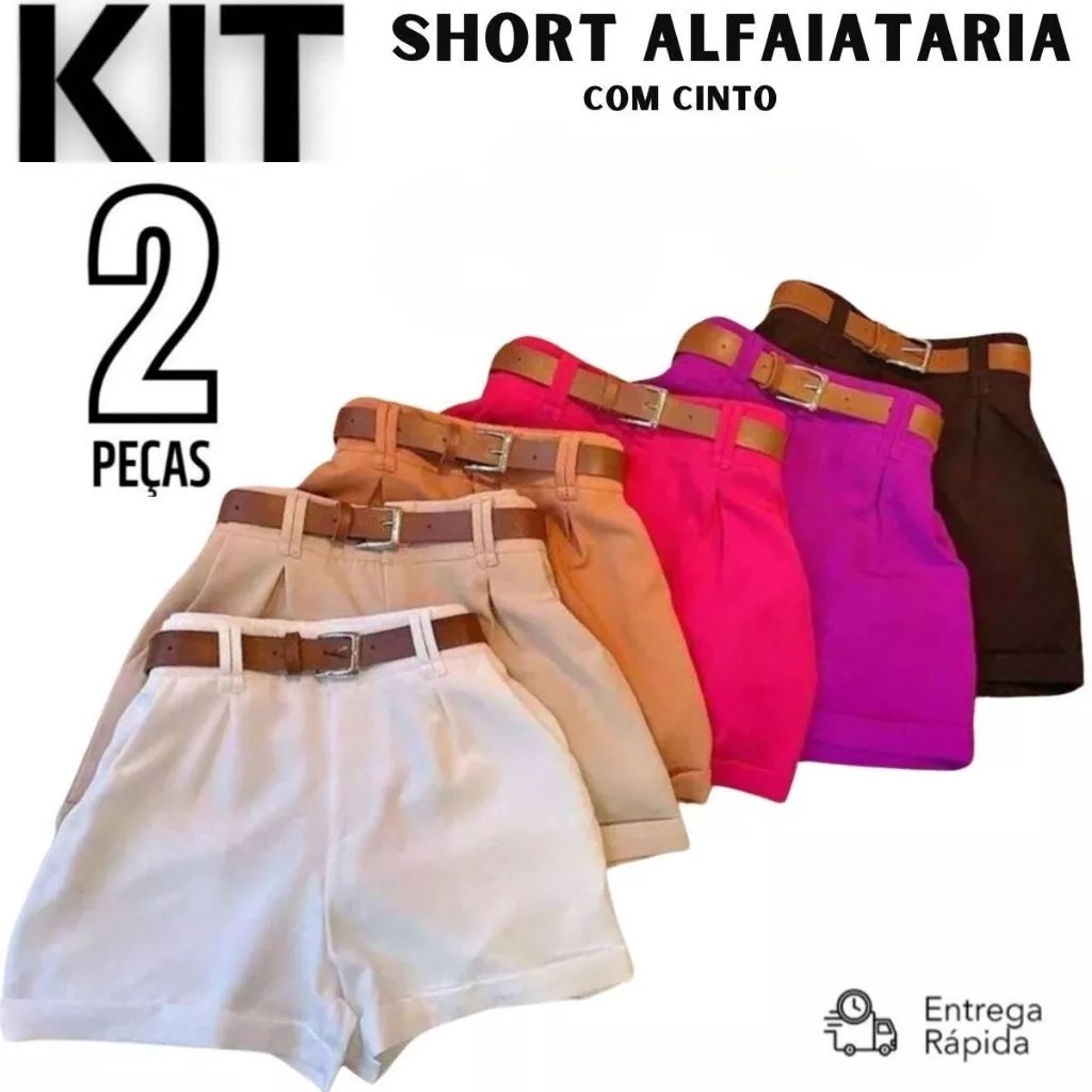 🔥 Kit 2 Short Feminino Alfaiataria Social com um Cinto Cintura Alta PROMOÇÃO