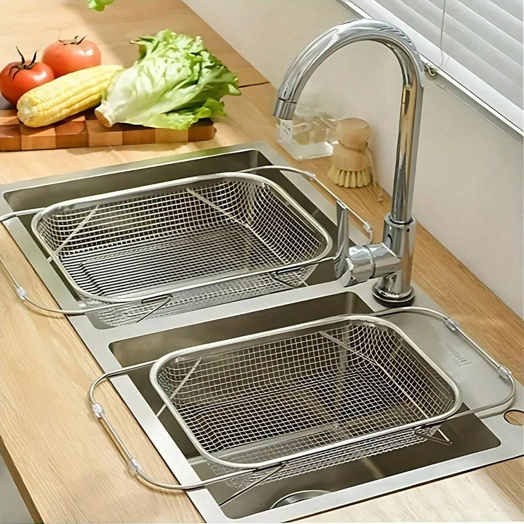 🔥 Escorredor De Pia Inox Lava Frutas Alça Retrátil Fruteira Alimentos Escorredor De Macarrão