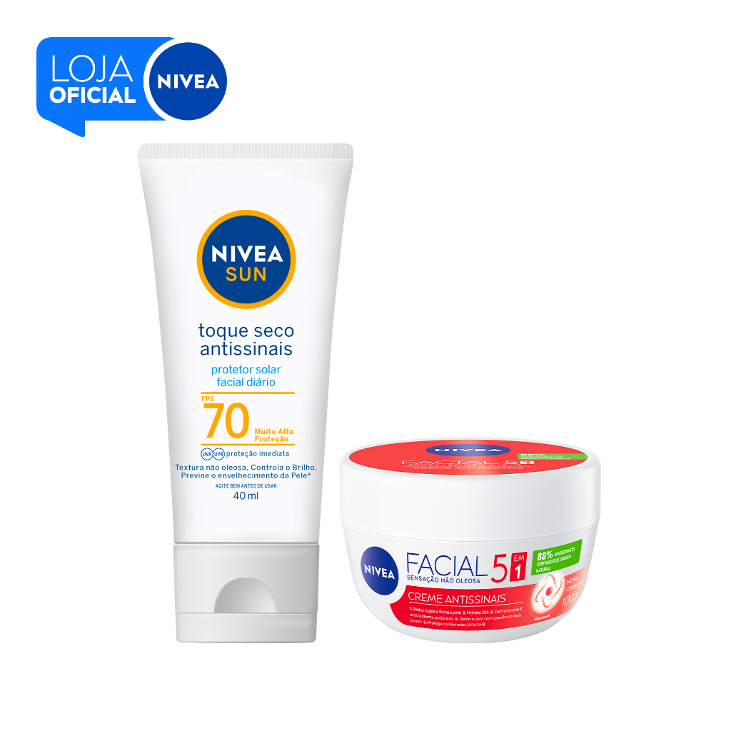 🔥 KIT NIVEA Creme Facial Antissinais 100g + Protetor Solar Facial Toque Seco Antissinais FPS 70 Sun 40ml BBB 26