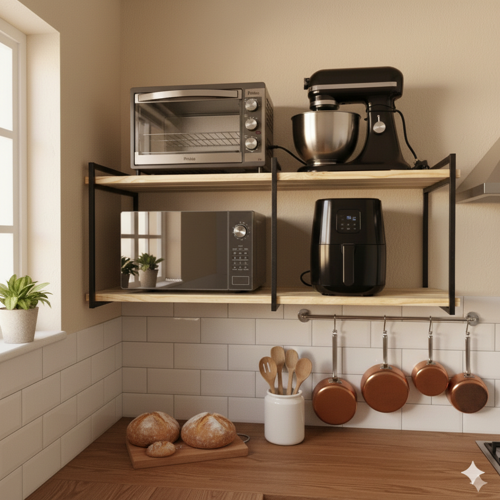 🔥 Suporte microondas forno air fryer impressora prateleira de parede nicho multiuso