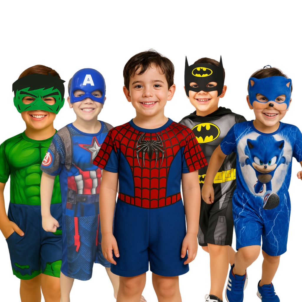 🔥Fantasia Infantil Masculina Herói com Máscara Roupa Curta para Festa e Brincar Carnaval
