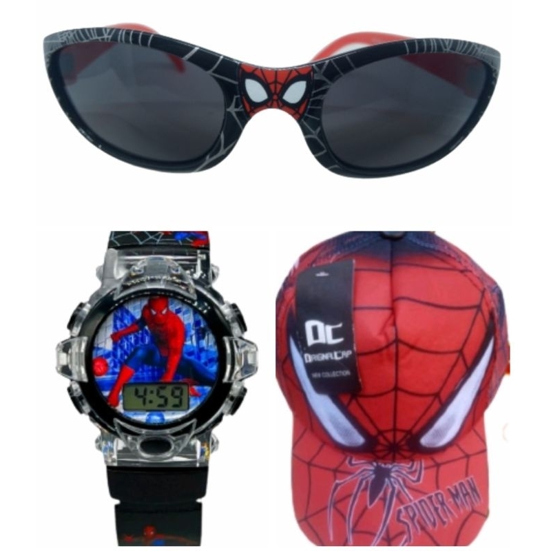 🔥 Kit homem aranha oculos , boné e relógio digital com led do homem aranha para seu filho brincar e se divertir
