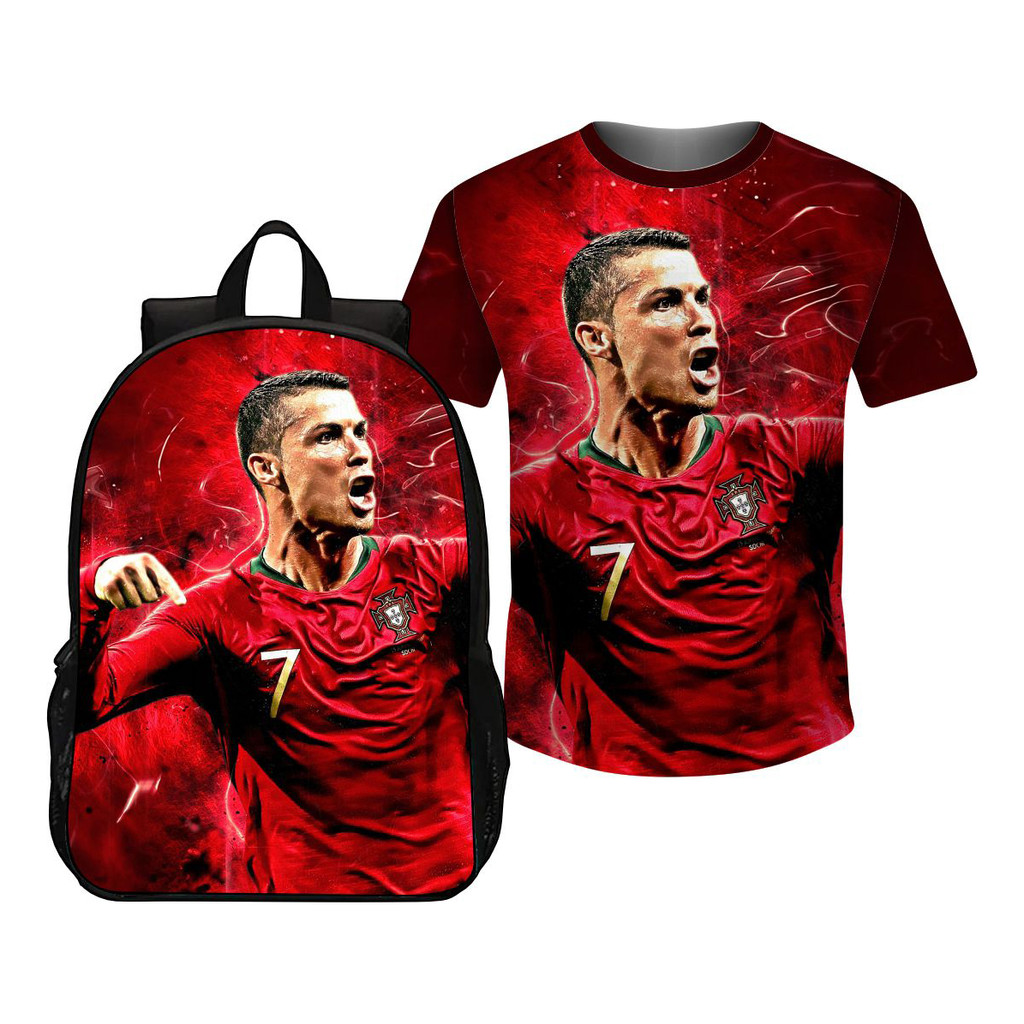 🔥 Kit Camiseta Infantil + Mochila Escolar Cristiano Ronaldo