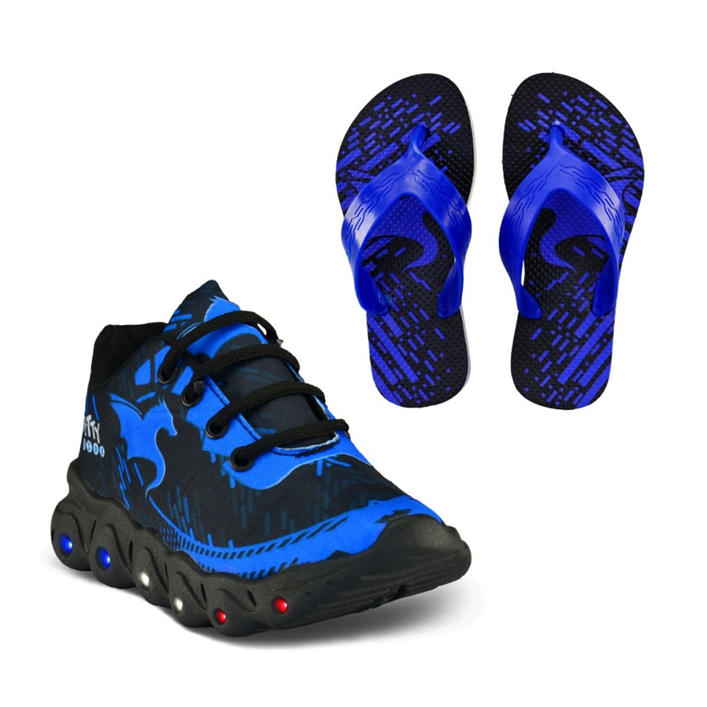 🔥 Kit Tênis Infantil De Led Casual Infinitty 02 Meninos Preto Azul + Chinelo