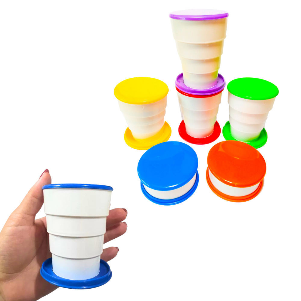 🔥 Kit 6 Unid Copo Sanfonado Retratil Com Tampa P/ Viagem Passeio Lembrancinha Infantil Prenda Crianças