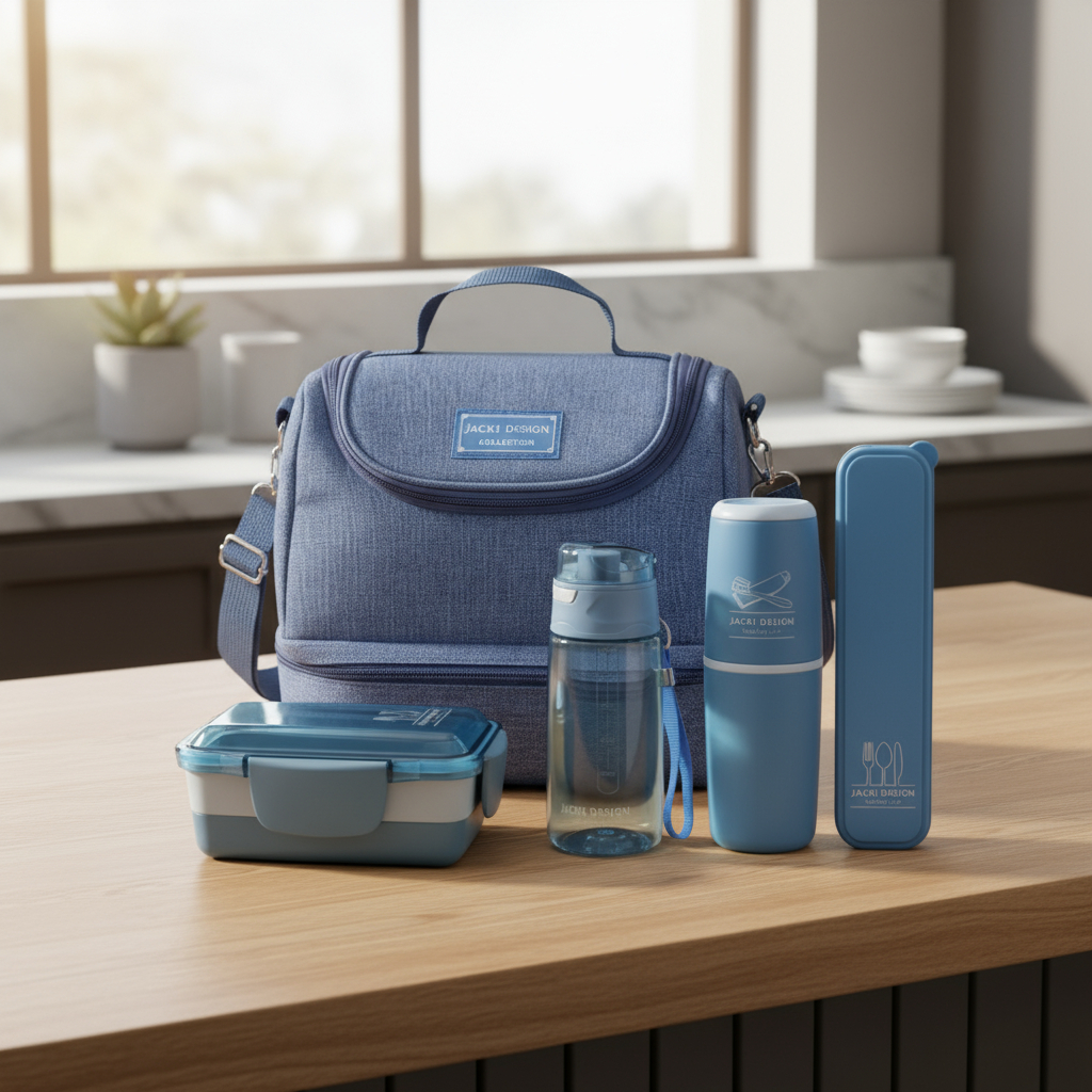 🔥 Kit de Bolsa Térmica c/ 2 Compartimentos, Copo e Marmita, Porta Talher e Porta Escova